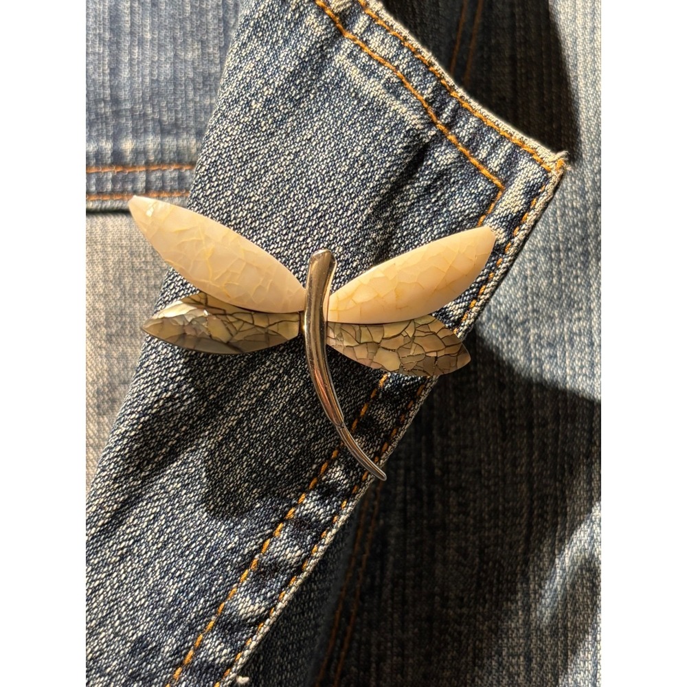 Silver Tone Dragonfly Brooch Mother of Pearl Abalone Shell Inlay Pin 2 Inch